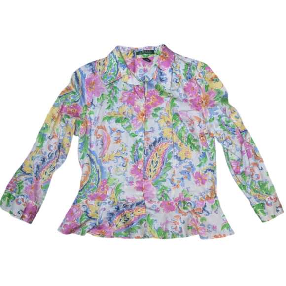 Lauren Ralph‎ Lauren Paisley Colorful Button Up Long Sleeve Blouse Women's 12 - Picture 1 of 6